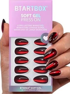NWT! BTArtbox Soft Gel Press-On Nails Short Almond Red Cat Eye Effect – 32 Nails